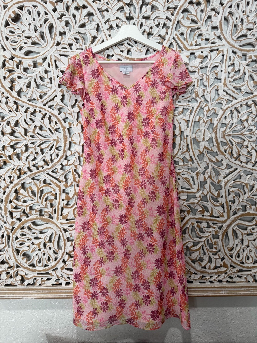 LOFT Pink Floral V-Neck Short Sleeve Dress